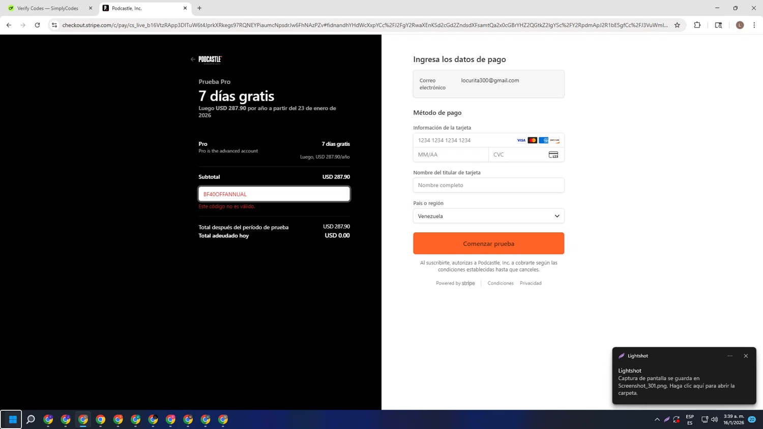 Podcastle Inc. promo code screenshot showing code BF40OFFANNUAL applied at Podcastle Inc. checkout page. Uploaded by SimplyCodes community member BENELLI on Jan 16, 2026