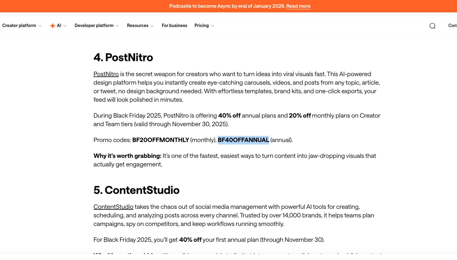 Podcastle Inc. promo code screenshot showing code BF40OFFANNUAL applied at Podcastle Inc. checkout page. Uploaded by SimplyCodes community member ELOIN777 on Jan 16, 2026
