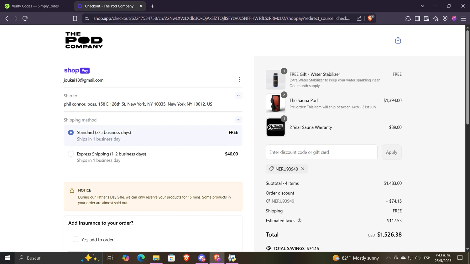 The Pod Company discount code screenshot showing code NERU93940 applied at The Pod Company checkout page. Uploaded by SimplyCodes community member Despechao on May 25, 2025