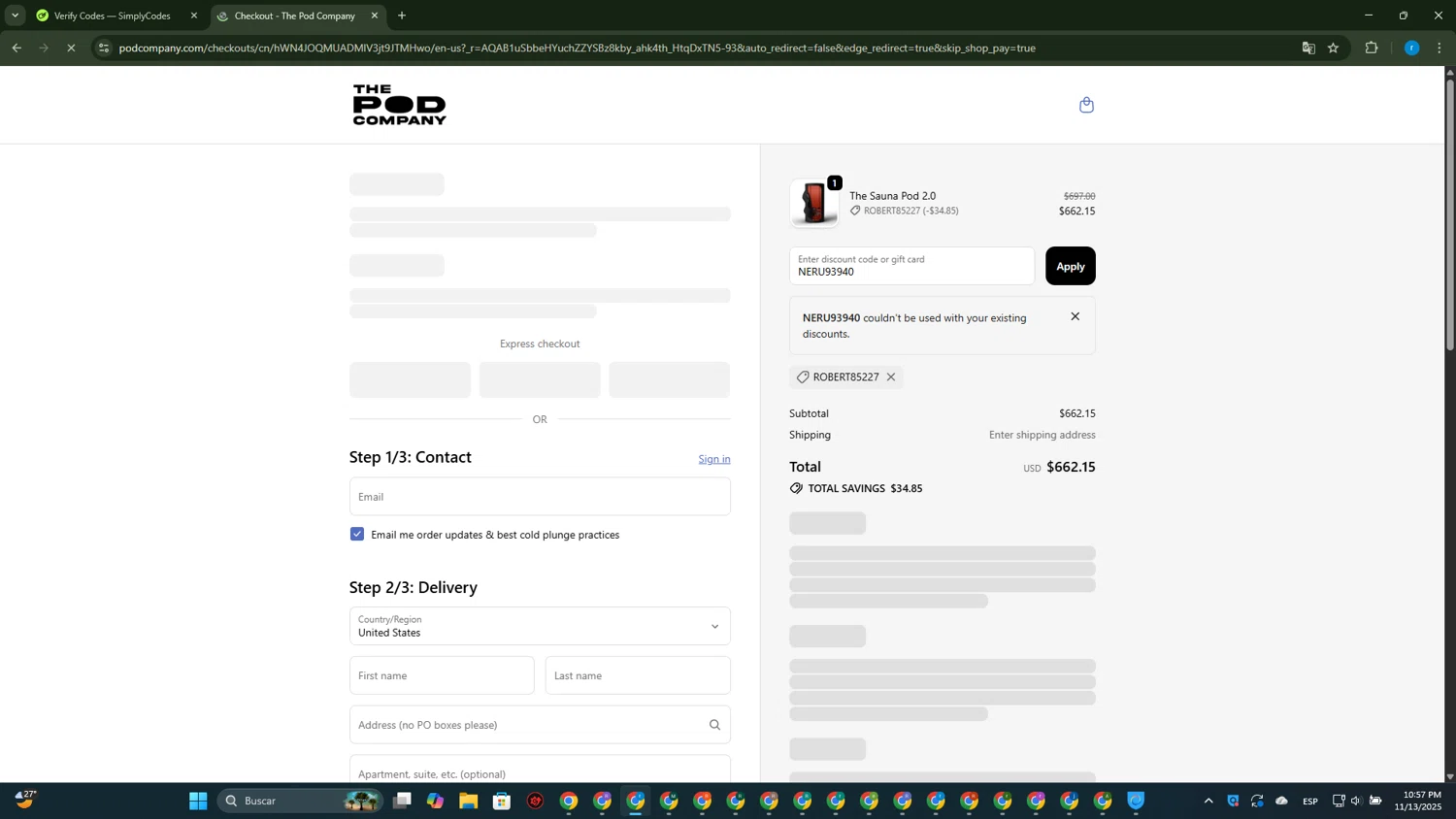The Pod Company discount code screenshot showing code NERU93940 applied at The Pod Company checkout page. Uploaded by SimplyCodes community member RewardVoyager146 on Nov 14, 2025