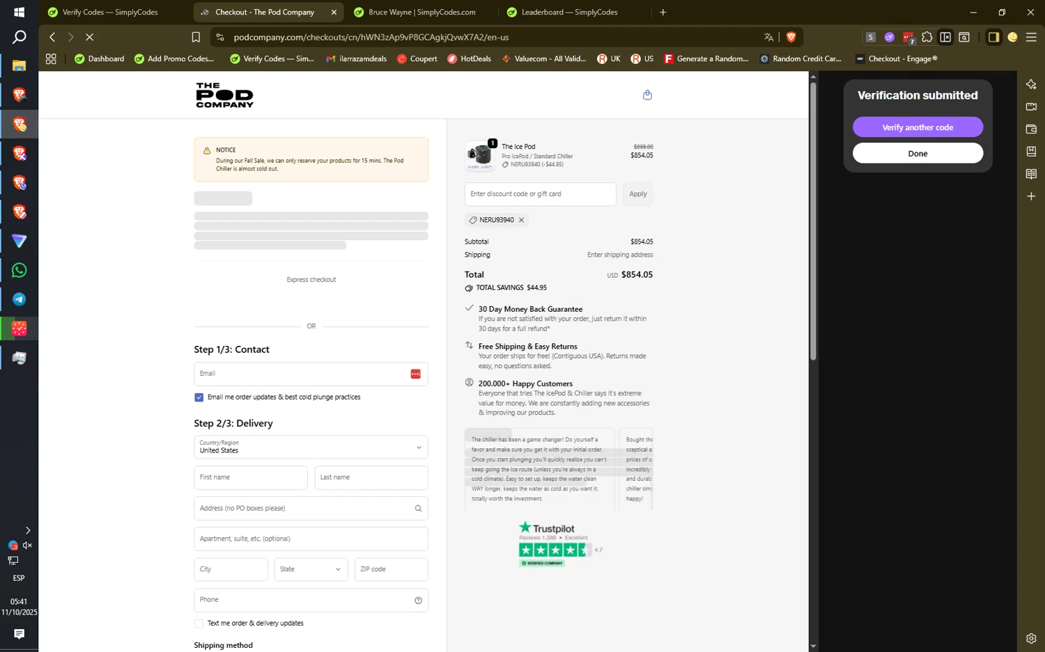 The Pod Company discount code screenshot showing code NERU93940 applied at The Pod Company checkout page. Uploaded by SimplyCodes community member HiddenPulse7619 on Oct 11, 2025