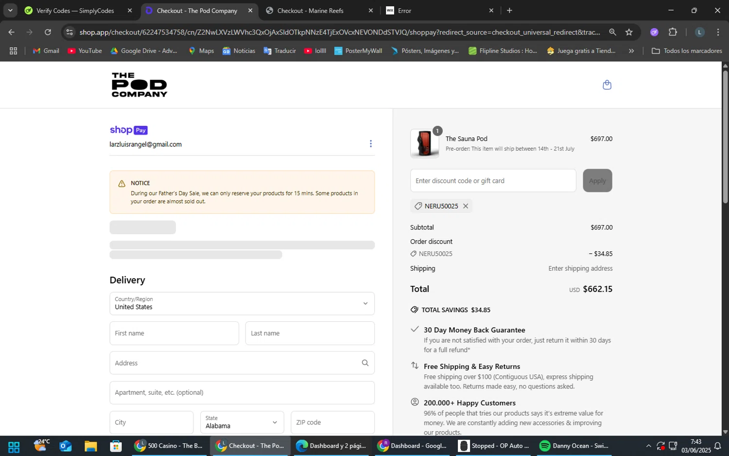 The Pod Company discount code screenshot showing code NERU50025 applied at The Pod Company checkout page. Uploaded by SimplyCodes community member SoyLuis on Jun 3, 2025