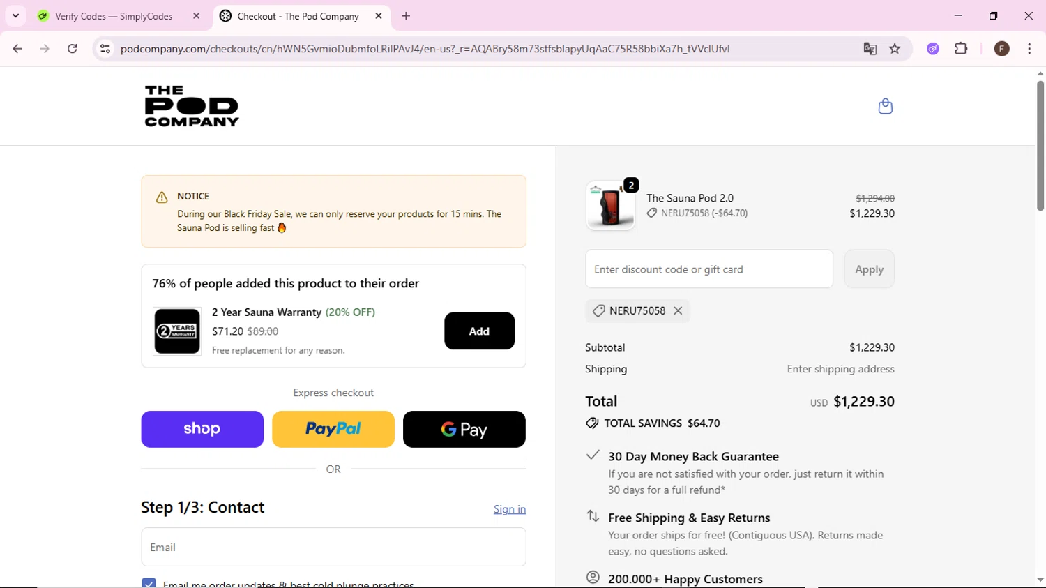 The Pod Company discount code screenshot showing code NERU75058 applied at The Pod Company checkout page. Uploaded by SimplyCodes community member BargainShopper1802 on Nov 20, 2025
