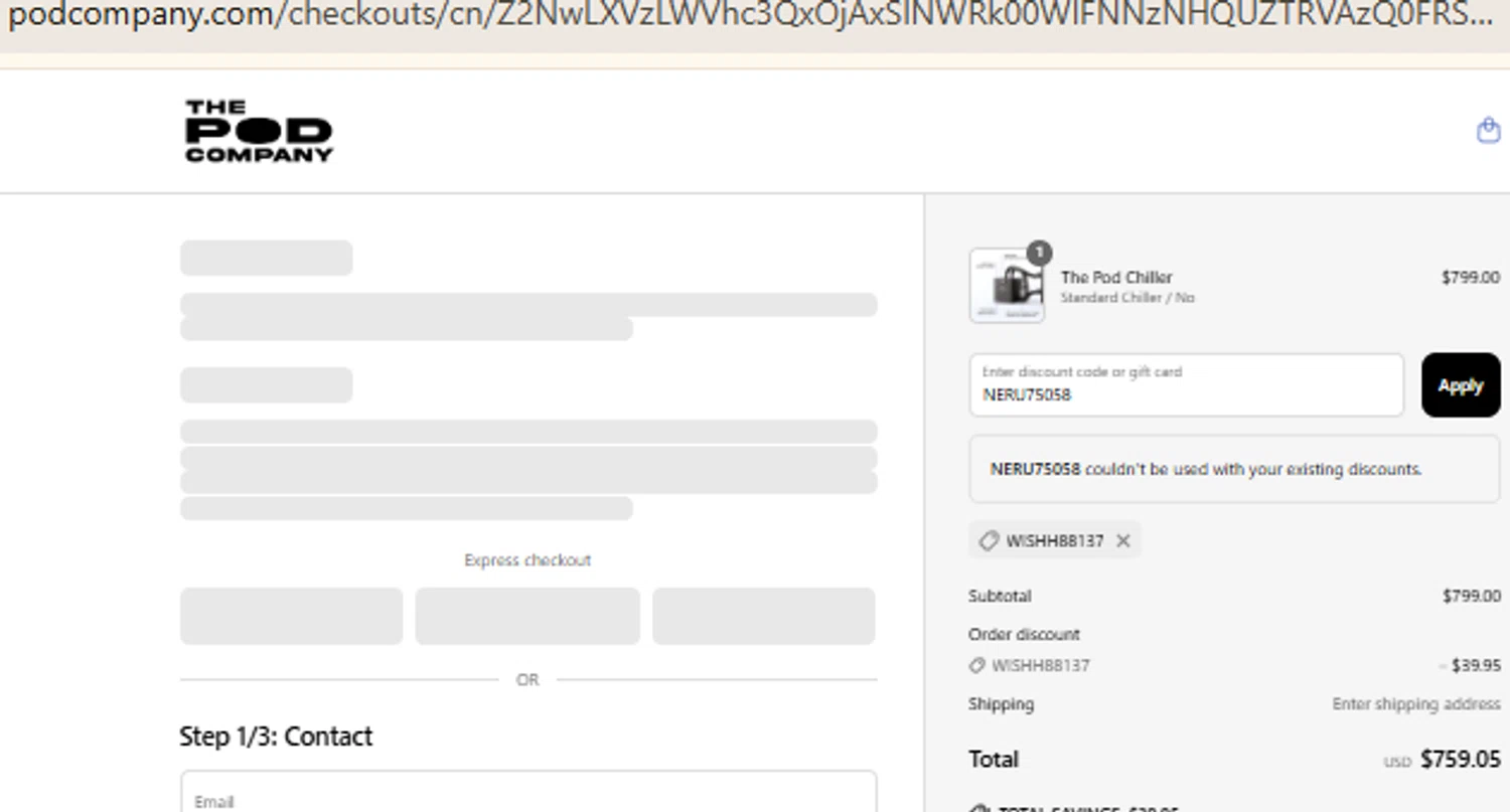 The Pod Company discount code screenshot showing code NERU75058 applied at The Pod Company checkout page. Uploaded by SimplyCodes community member RewardFinder4836 on Jun 3, 2025