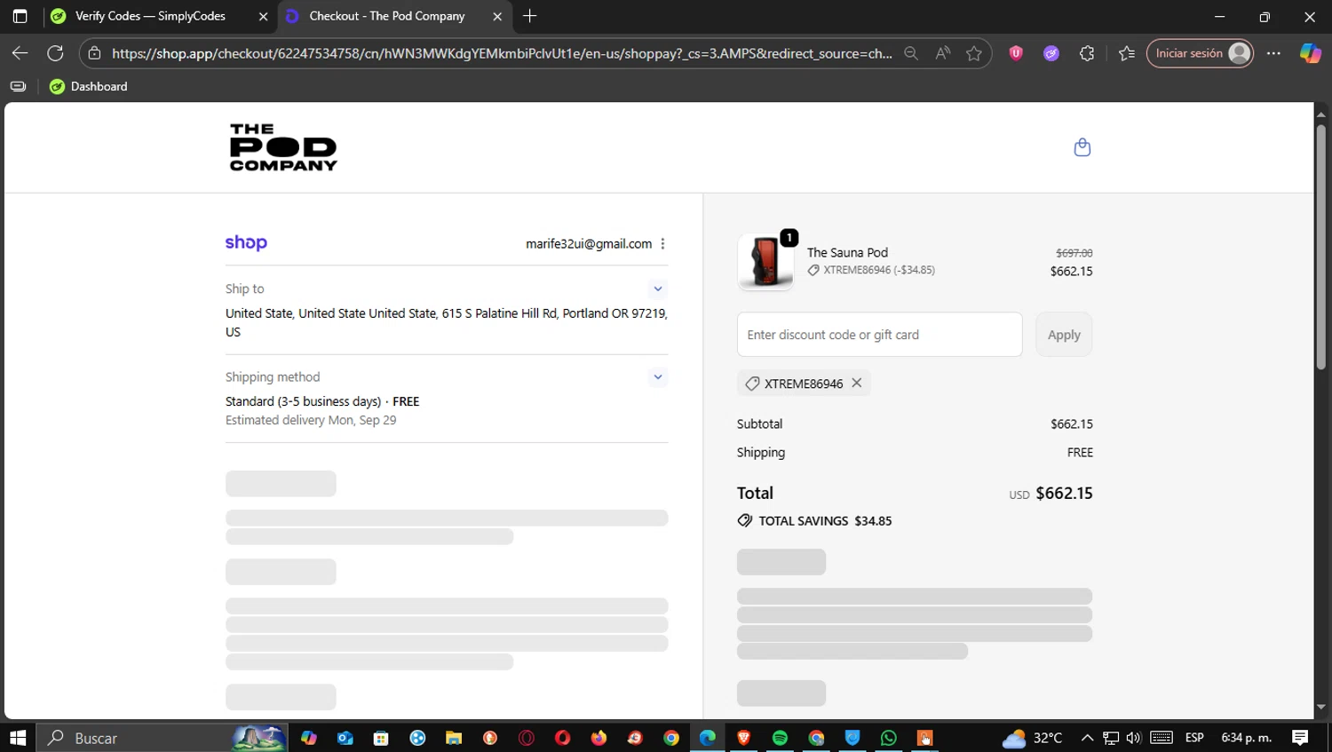 The Pod Company discount code screenshot showing code XTREME86946 applied at The Pod Company checkout page. Uploaded by SimplyCodes community member CleoSalvatore on Sep 24, 2025