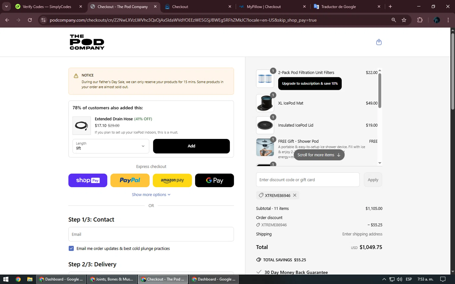 The Pod Company discount code screenshot showing code XTREME86946 applied at The Pod Company checkout page. Uploaded by SimplyCodes community member Kurokenshi on Jun 5, 2025