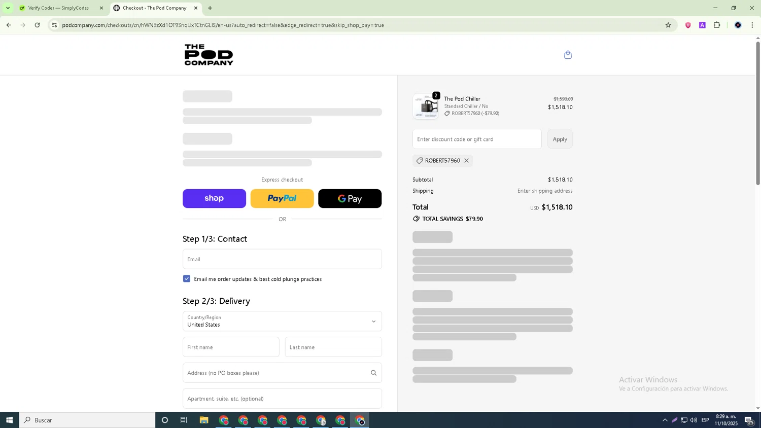The Pod Company discount code screenshot showing code ROBERT57960 applied at The Pod Company checkout page. Uploaded by SimplyCodes community member GoldRanger7074 on Oct 11, 2025