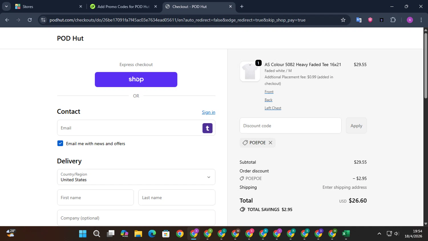 POD Hut promo code screenshot showing code POEPOE applied at POD Hut checkout page. Uploaded by SimplyCodes community member WonderPioneer5062 on Apr 18, 2026