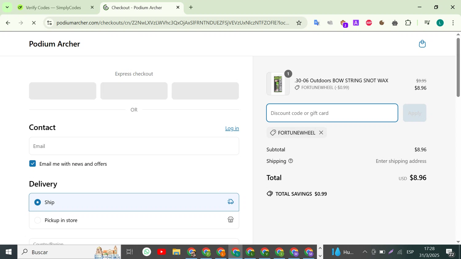 Podium Archer discount code screenshot showing code FORTUNEWHEEL applied at Podium Archer checkout page. Uploaded by SimplyCodes community member VictoriousTiger2507 on Mar 31, 2025