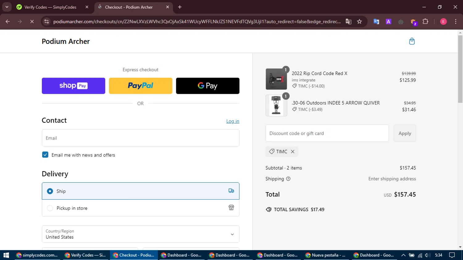 Podium Archer discount code screenshot showing code TIMC applied at Podium Archer checkout page. Uploaded by SimplyCodes community member MightyNavigator742 on Feb 28, 2025