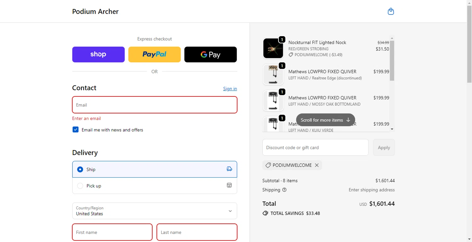 Podium Archer discount code screenshot showing code PodiumWelcome applied at Podium Archer checkout page. Uploaded by SimplyCodes community member CodeTitan6120 on Nov 30, 2025