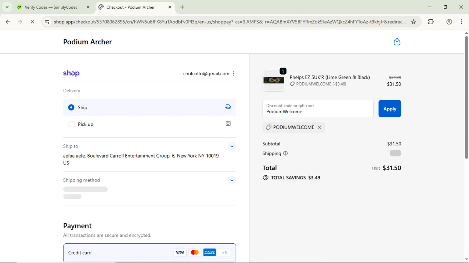 Podium Archer discount code screenshot showing code PodiumWelcome applied at Podium Archer checkout page. Uploaded by SimplyCodes community member ScanPhoenix3549 on Nov 30, 2025