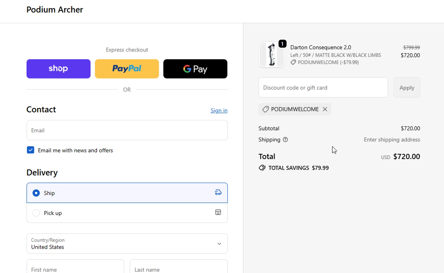 Podium Archer promo code screenshot showing code PodiumWelcome applied at Podium Archer checkout page. Uploaded by SimplyCodes community member ligthYA on Jan 8, 2026