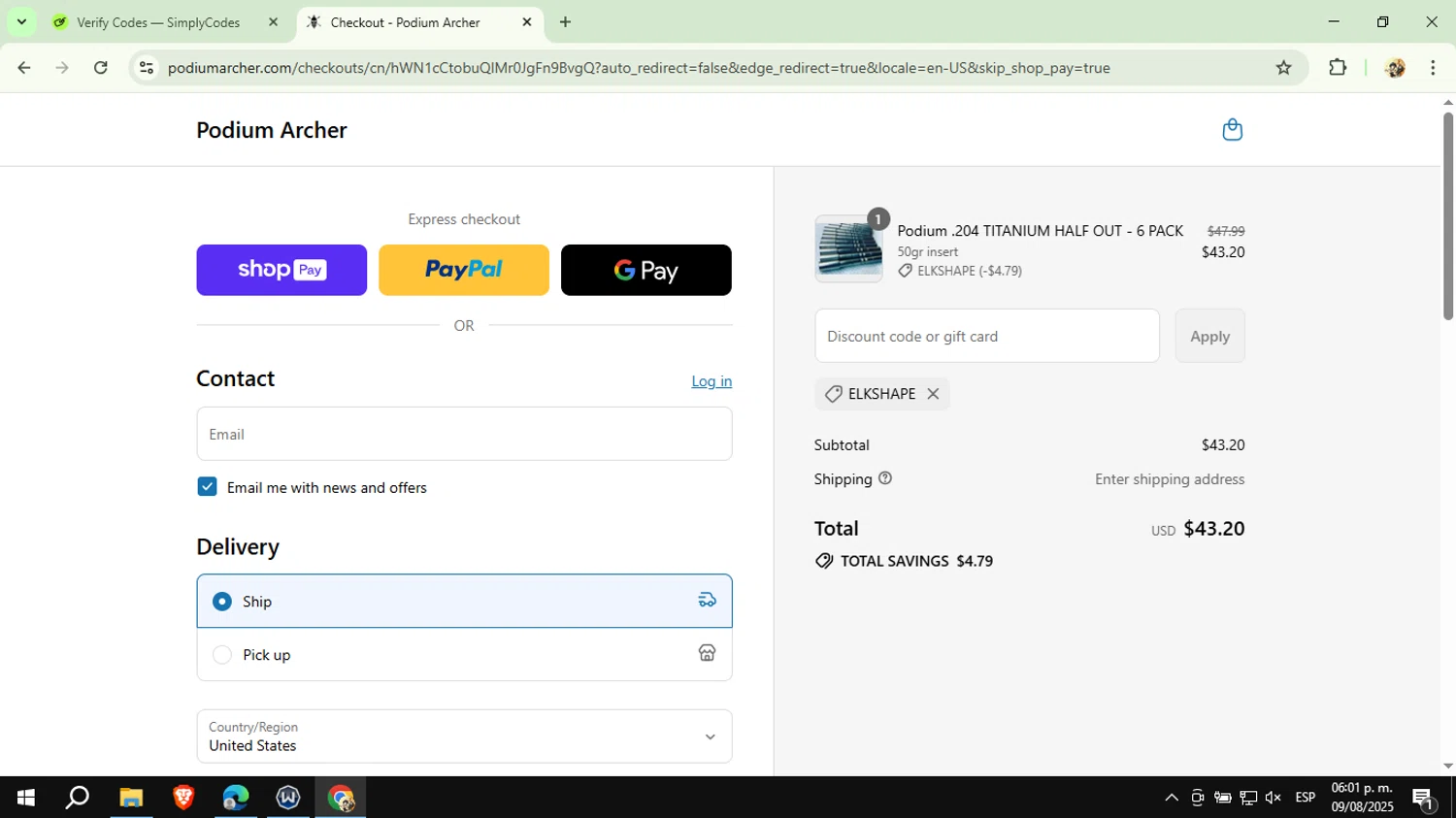 Podium Archer discount code screenshot showing code ELKSHAPE applied at Podium Archer checkout page. Uploaded by SimplyCodes community member CashExpert3657 on Aug 9, 2025