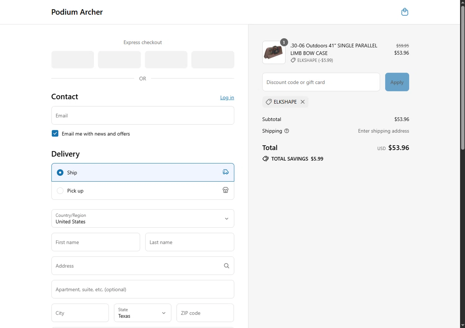 Podium Archer discount code screenshot showing code ELKSHAPE applied at Podium Archer checkout page. Uploaded by SimplyCodes community member GoldPhoenix3793 on Aug 1, 2025