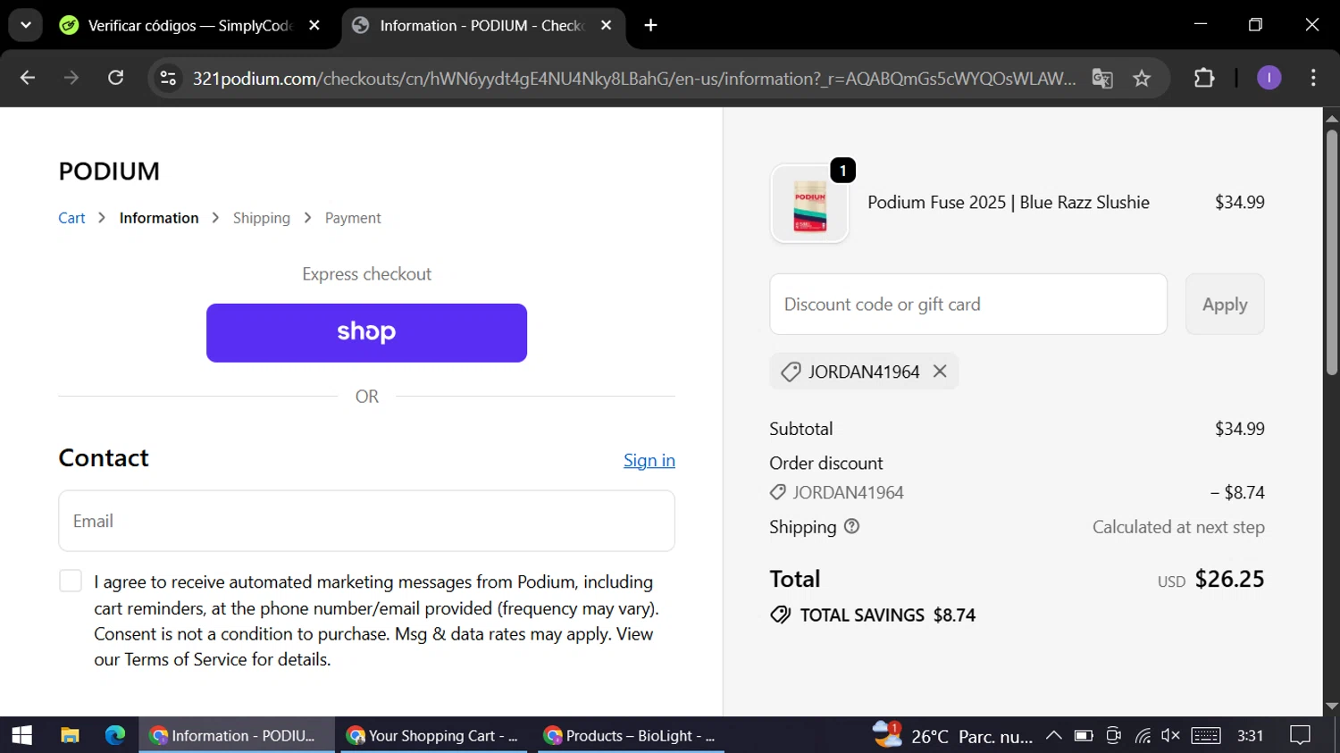 Podium Nutrition discount code screenshot showing code JORDAN41964 applied at Podium Nutrition checkout page. Uploaded by SimplyCodes community member AGP44456545 on Dec 29, 2025