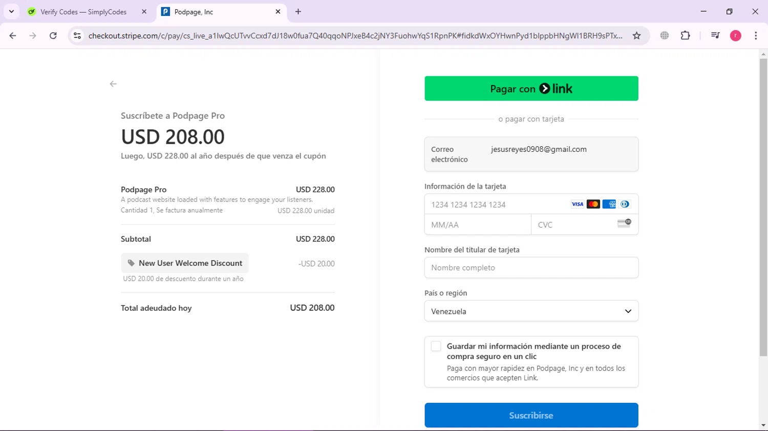 Podpage checkout page showing Podpage coupon code box | Screenshot taken by SimplyCodes community member on Feb 24, 2025