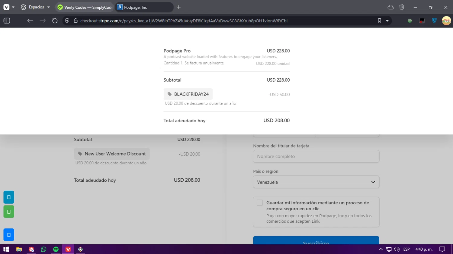 Podpage checkout page showing Podpage coupon code box | Screenshot taken by SimplyCodes community member on Dec 16, 2024