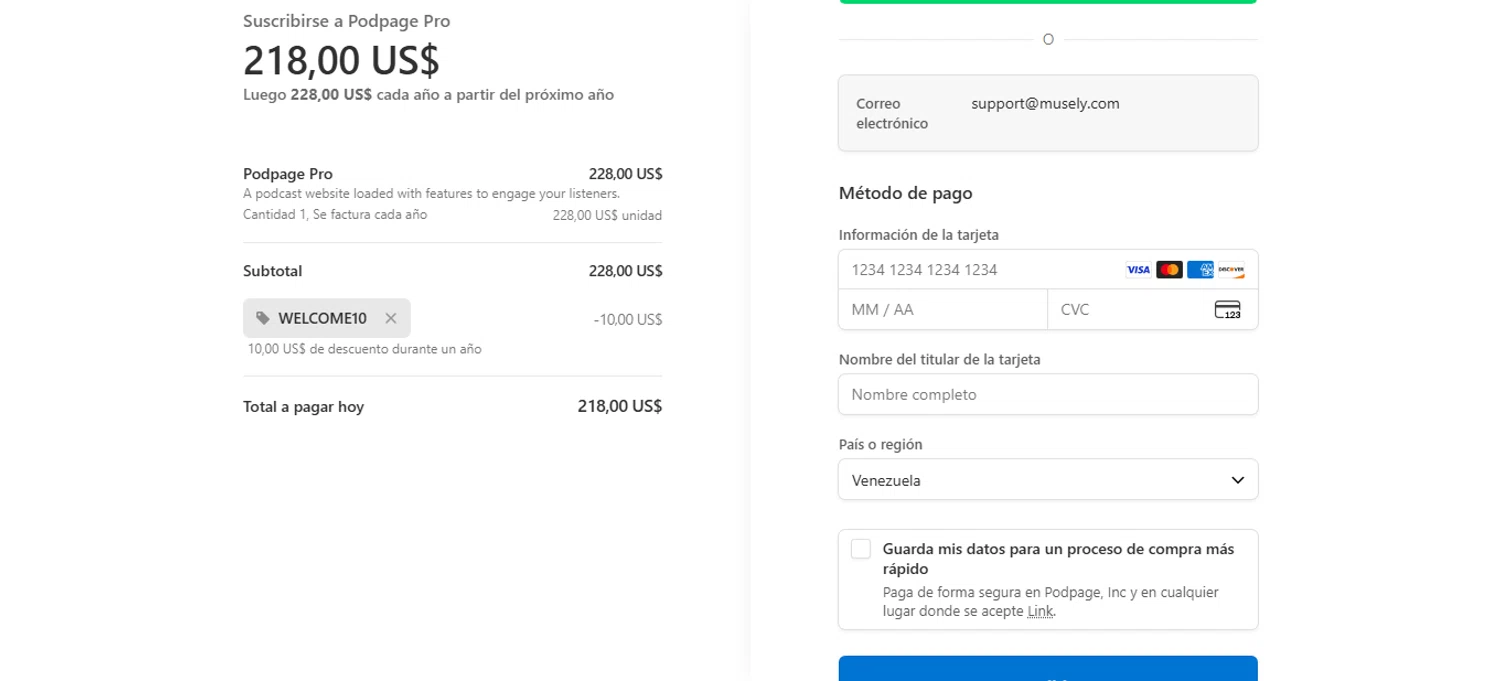 Podpage coupon code screenshot showing code WELCOME10 applied at Podpage checkout page. Uploaded by SimplyCodes community member bettercallkim on Dec 20, 2025