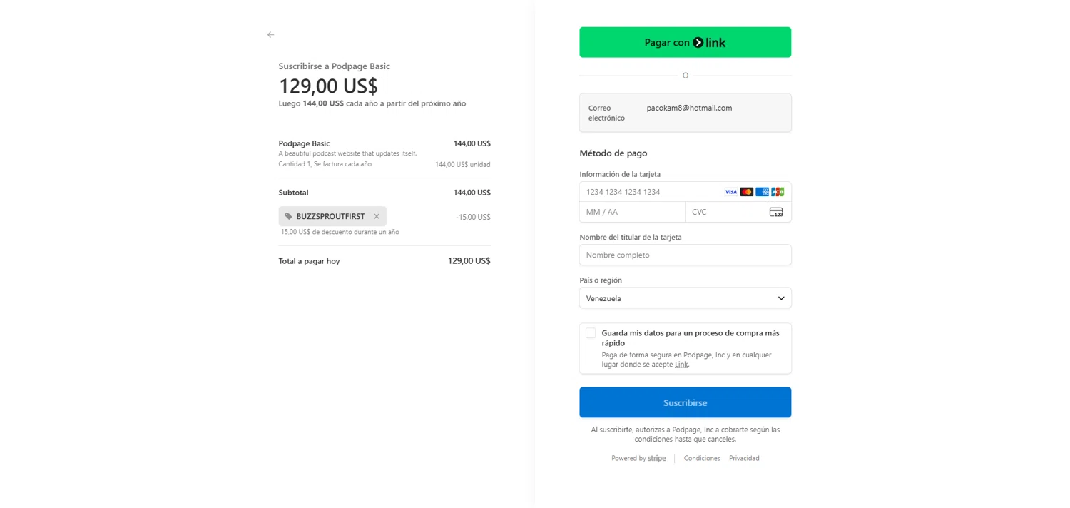 Podpage coupon code screenshot showing code BUZZSPROUTFIRST applied at Podpage checkout page. Uploaded by SimplyCodes community member ivantorres on Dec 20, 2025