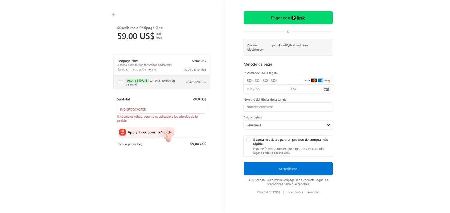 Podpage coupon code screenshot showing code INDIEPODCASTER applied at Podpage checkout page. Uploaded by SimplyCodes community member ivantorres on Dec 20, 2025