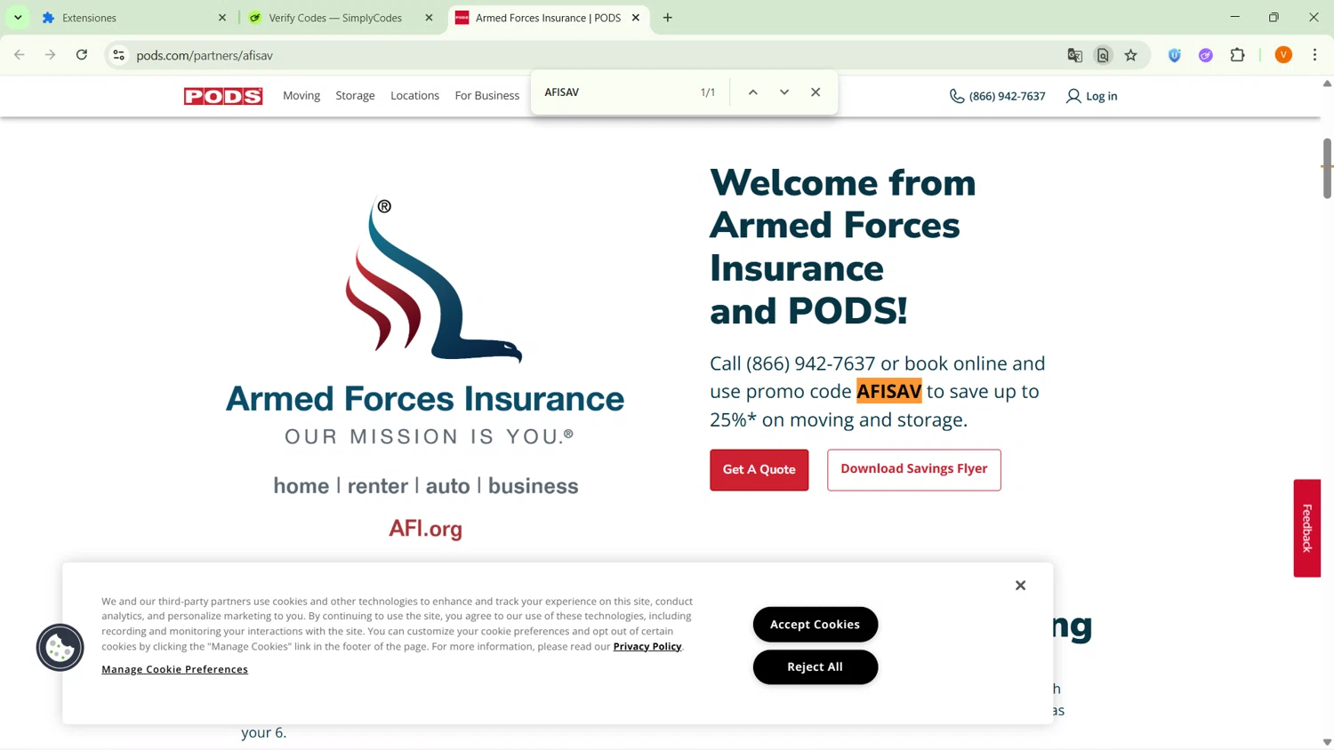 PODS promo code screenshot showing code AFISAV applied at PODS checkout page. Uploaded by SimplyCodes community member MightyPro2893 on Feb 9, 2026