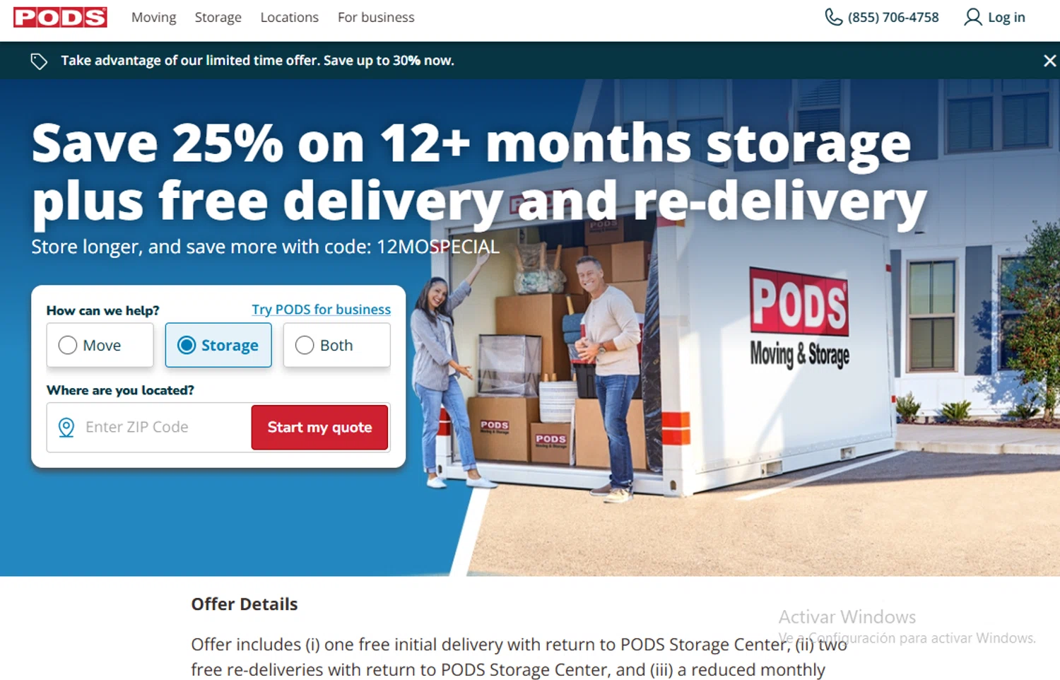 PODS promo code screenshot showing code 12MOSPECIAL applied at PODS checkout page. Uploaded by SimplyCodes community member Gary_23 on Dec 8, 2025