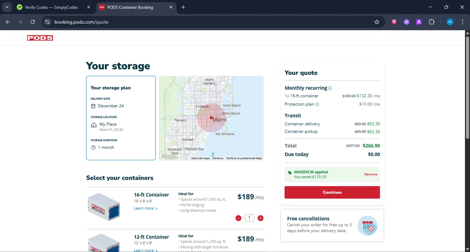 PODS promo code screenshot showing code MASSIVE30 applied at PODS checkout page. Uploaded by SimplyCodes community member LuckyWarden9122 on Dec 9, 2025