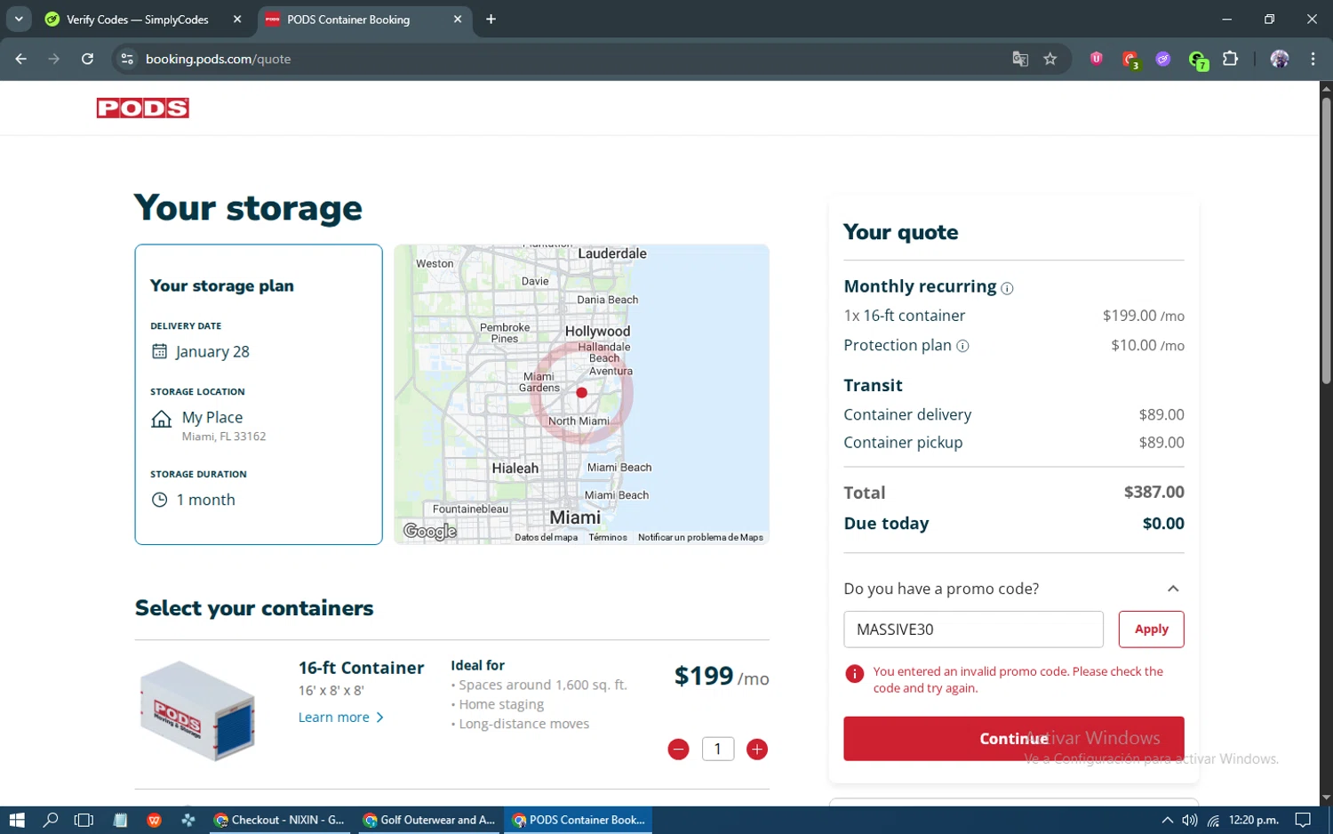 PODS promo code screenshot showing code MASSIVE30 applied at PODS checkout page. Uploaded by SimplyCodes community member kakarotto on Jan 7, 2026