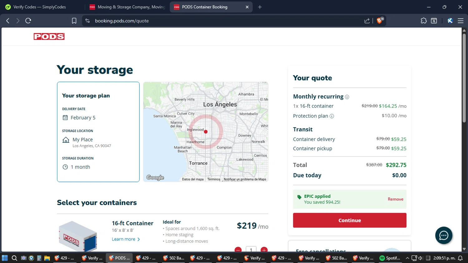 PODS promo code screenshot showing code EPIC applied at PODS checkout page. Uploaded by SimplyCodes community member Jgomez on Jan 26, 2026