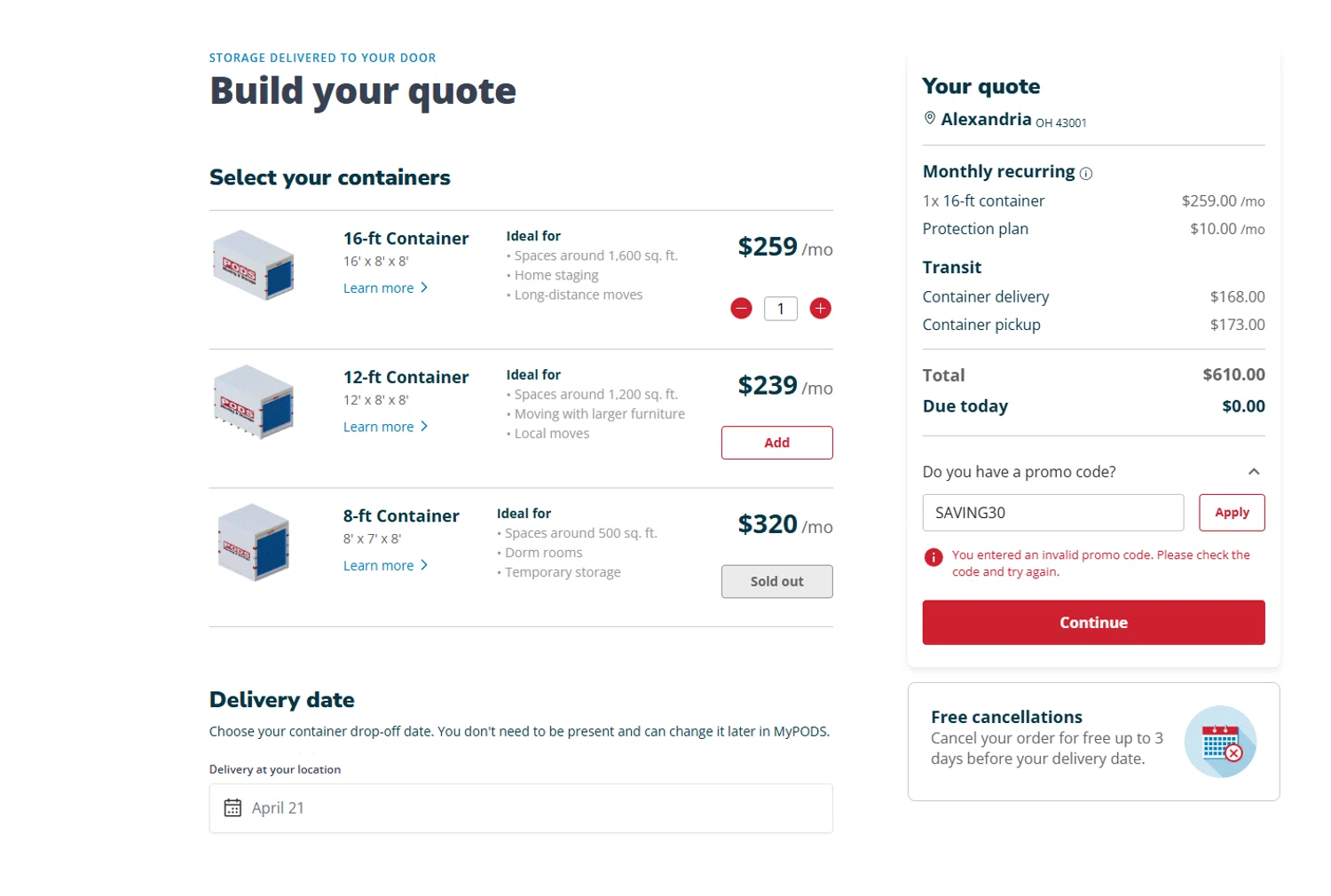PODS promo code screenshot showing code SAVING30 applied at PODS checkout page. Uploaded by SimplyCodes community member Halanweik on Mar 30, 2026