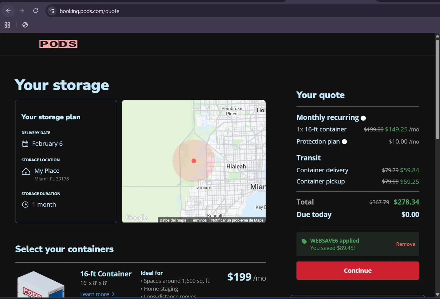 PODS promo code screenshot showing code WEBSAVE6 applied at PODS checkout page. Uploaded by SimplyCodes community member ScanHunter7116 on Jan 29, 2026