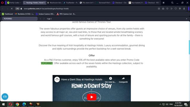 P&O Ferries checkout page showing P&O Ferries promo code box | Screenshot taken by SimplyCodes community member on Oct 27, 2024