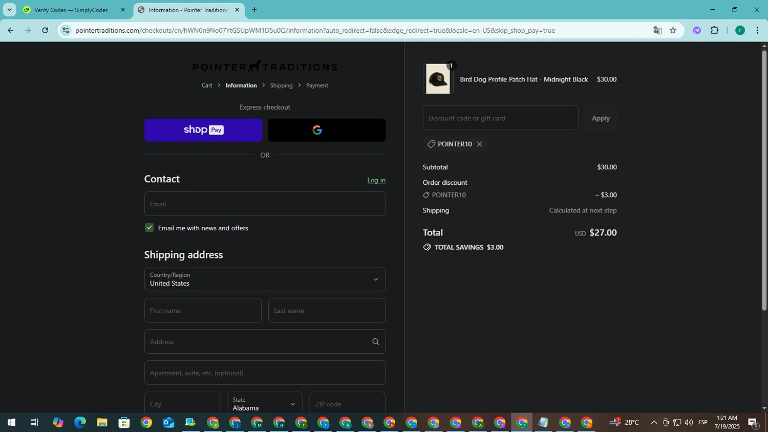 Pointer Traditions promo code screenshot showing code POINTER10 applied at Pointer Traditions checkout page. Uploaded by SimplyCodes community member SavingsRanger5017 on Jul 19, 2025