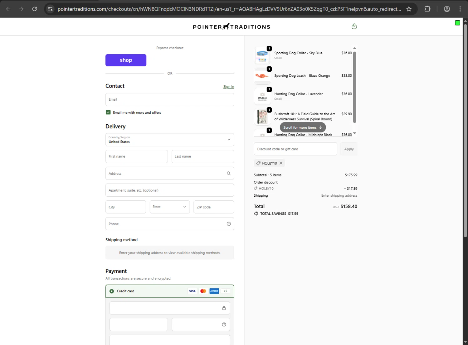Pointer Traditions promo code screenshot showing code HOLBY10 applied at Pointer Traditions checkout page. Uploaded by SimplyCodes community member gokuyvegetta on Feb 5, 2026