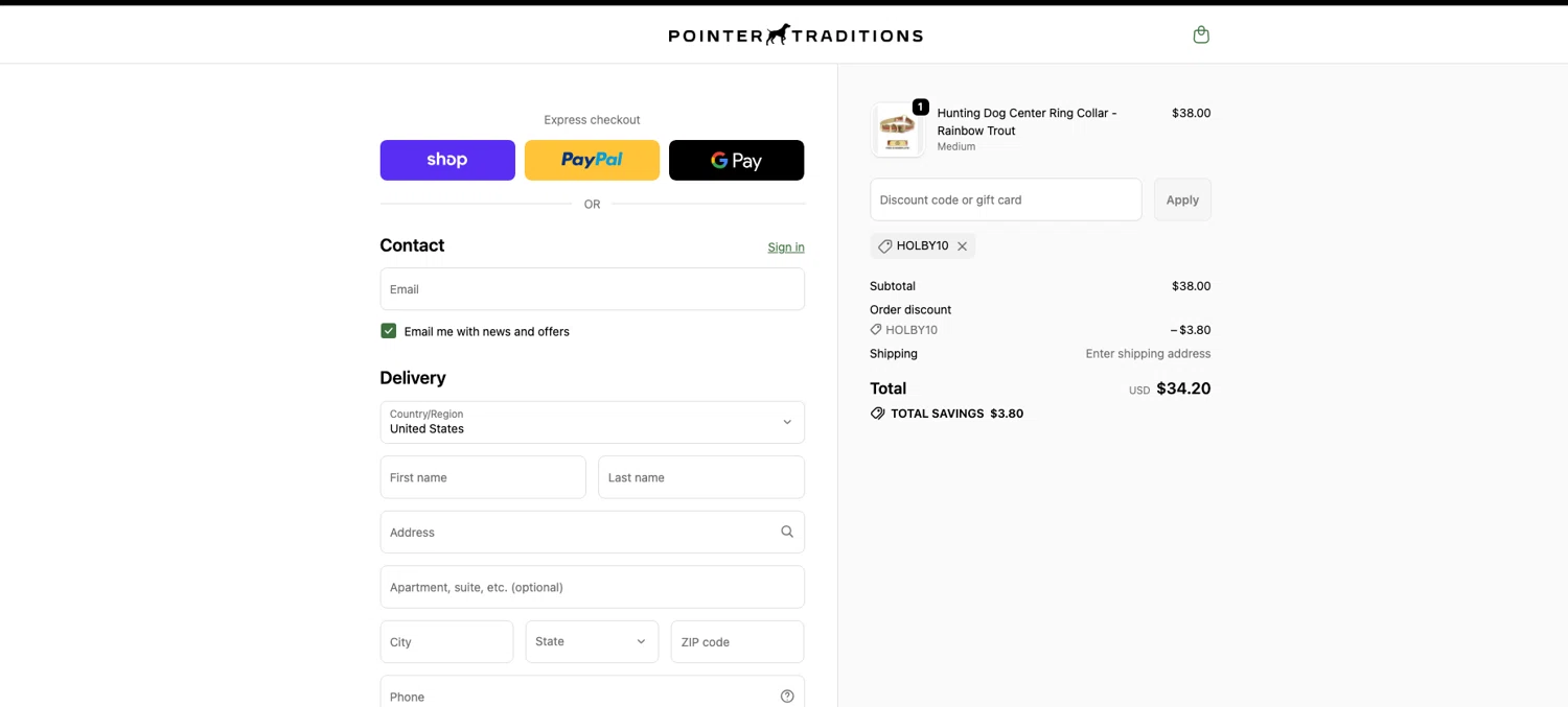 Pointer Traditions promo code screenshot showing code HOLBY10 applied at Pointer Traditions checkout page. Uploaded by SimplyCodes community member ELOIN777 on Jan 6, 2026