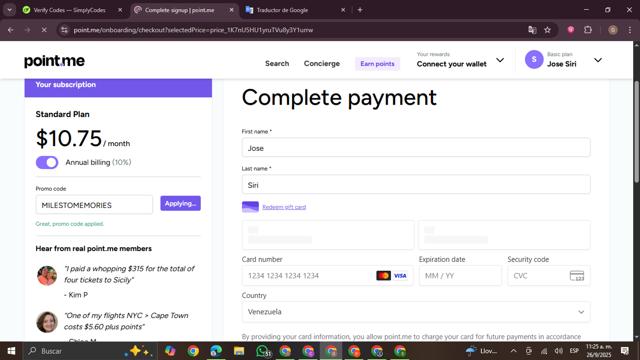 point.me checkout page showing point.me promo code box | Screenshot taken by SimplyCodes community member on Sep 26, 2025