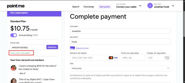 point.me checkout page showing point.me promo code box | Screenshot taken by SimplyCodes community member on Sep 26, 2025