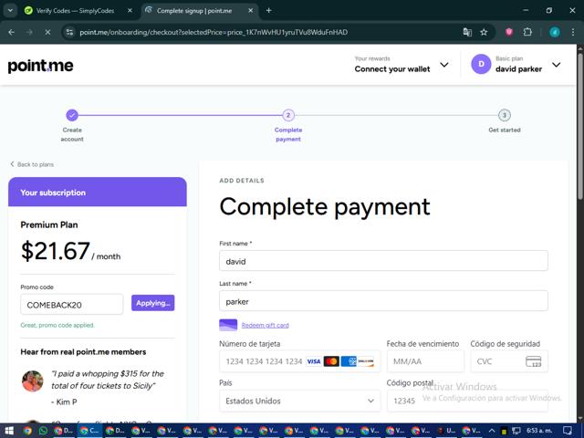 point.me checkout page showing point.me promo code box | Screenshot taken by SimplyCodes community member on Sep 26, 2025