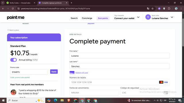 point.me checkout page showing point.me promo code box | Screenshot taken by SimplyCodes community member on Sep 9, 2025
