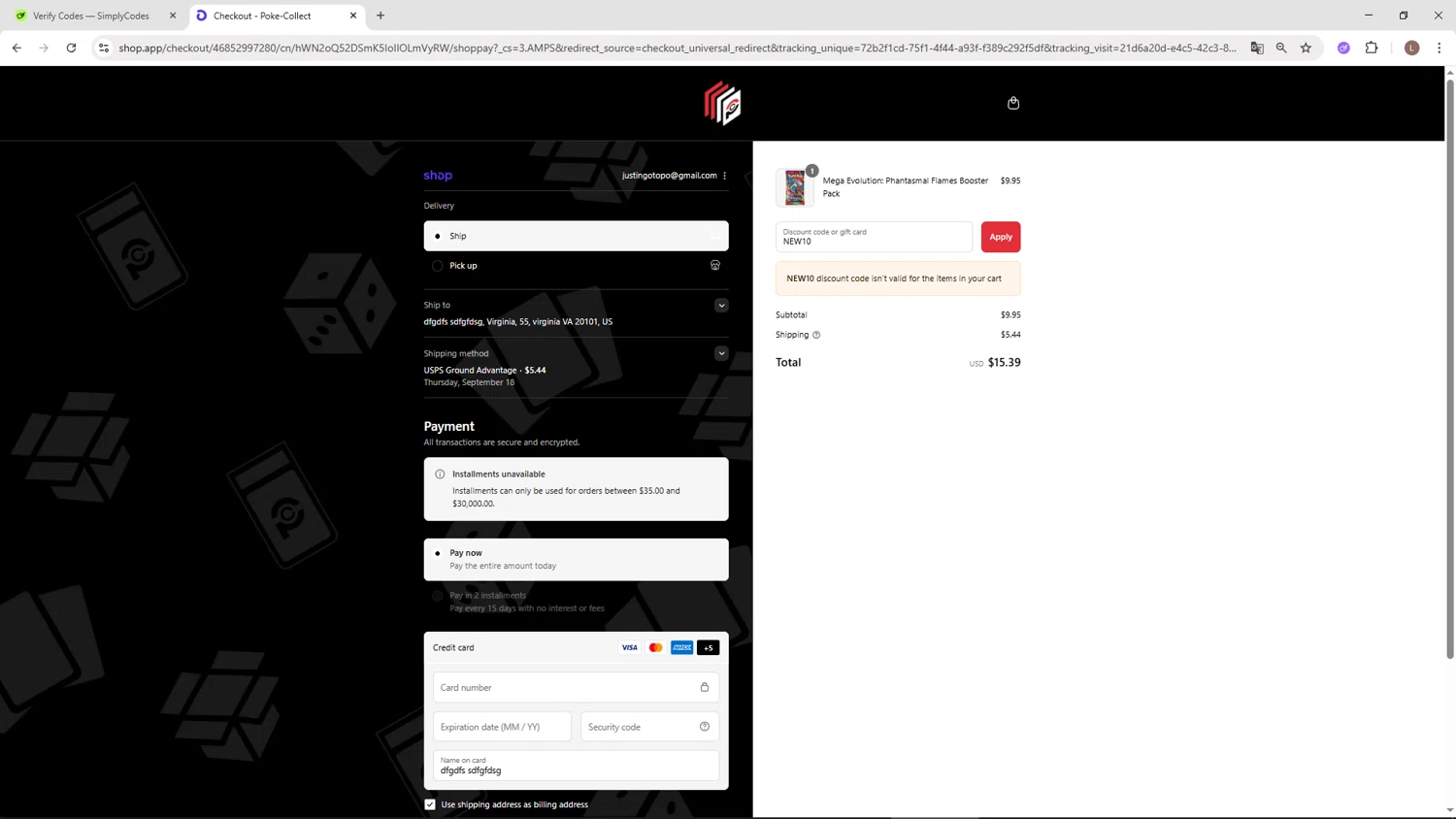 Poke Collect promo code screenshot showing code NEW10 applied at Poke Collect checkout page. Uploaded by SimplyCodes community member BENELLI on Sep 10, 2025