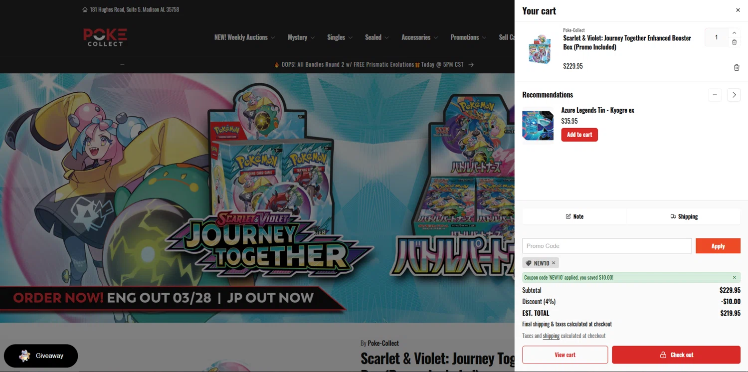 Poke Collect promo code screenshot showing code NEW10 applied at Poke Collect checkout page. Uploaded by SimplyCodes community member Underaiki on Mar 4, 2025