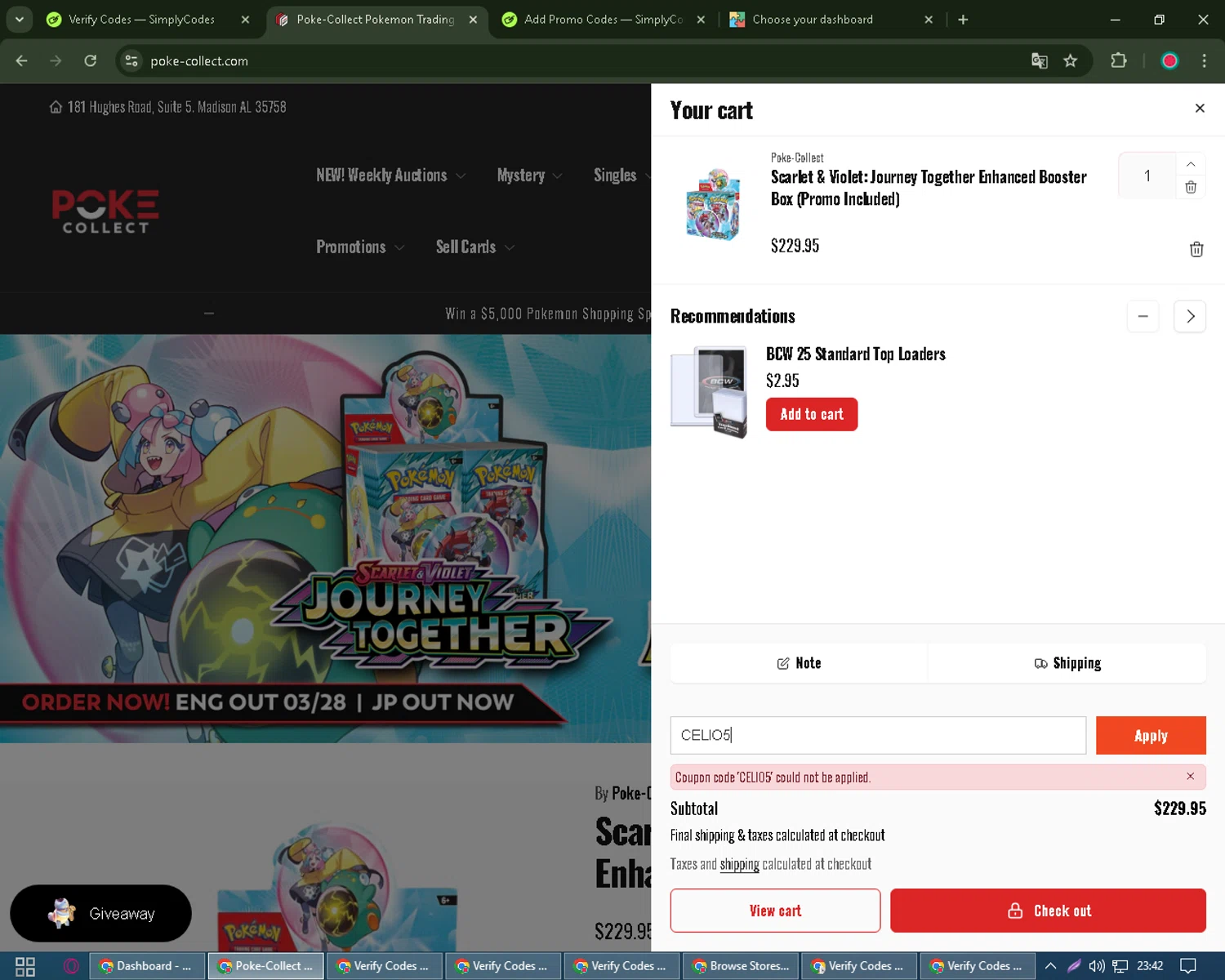 Poke Collect promo code screenshot showing code CELIO5 applied at Poke Collect checkout page. Uploaded by SimplyCodes community member Michael_Brown on Mar 1, 2025