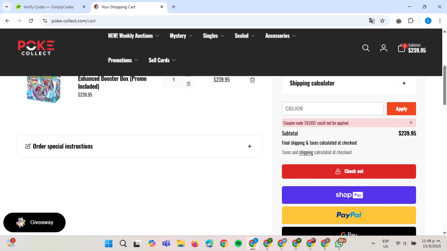 Poke Collect promo code screenshot showing code CELIO5 applied at Poke Collect checkout page. Uploaded by SimplyCodes community member ScanAce2966 on Mar 16, 2025