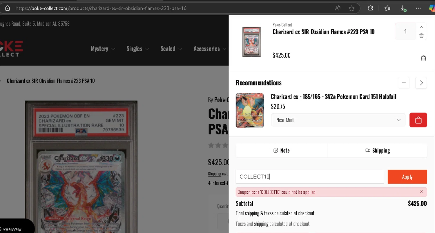 Poke Collect promo code screenshot showing code COLLECT10 applied at Poke Collect checkout page. Uploaded by SimplyCodes community member TuAmigoRed on Feb 14, 2025