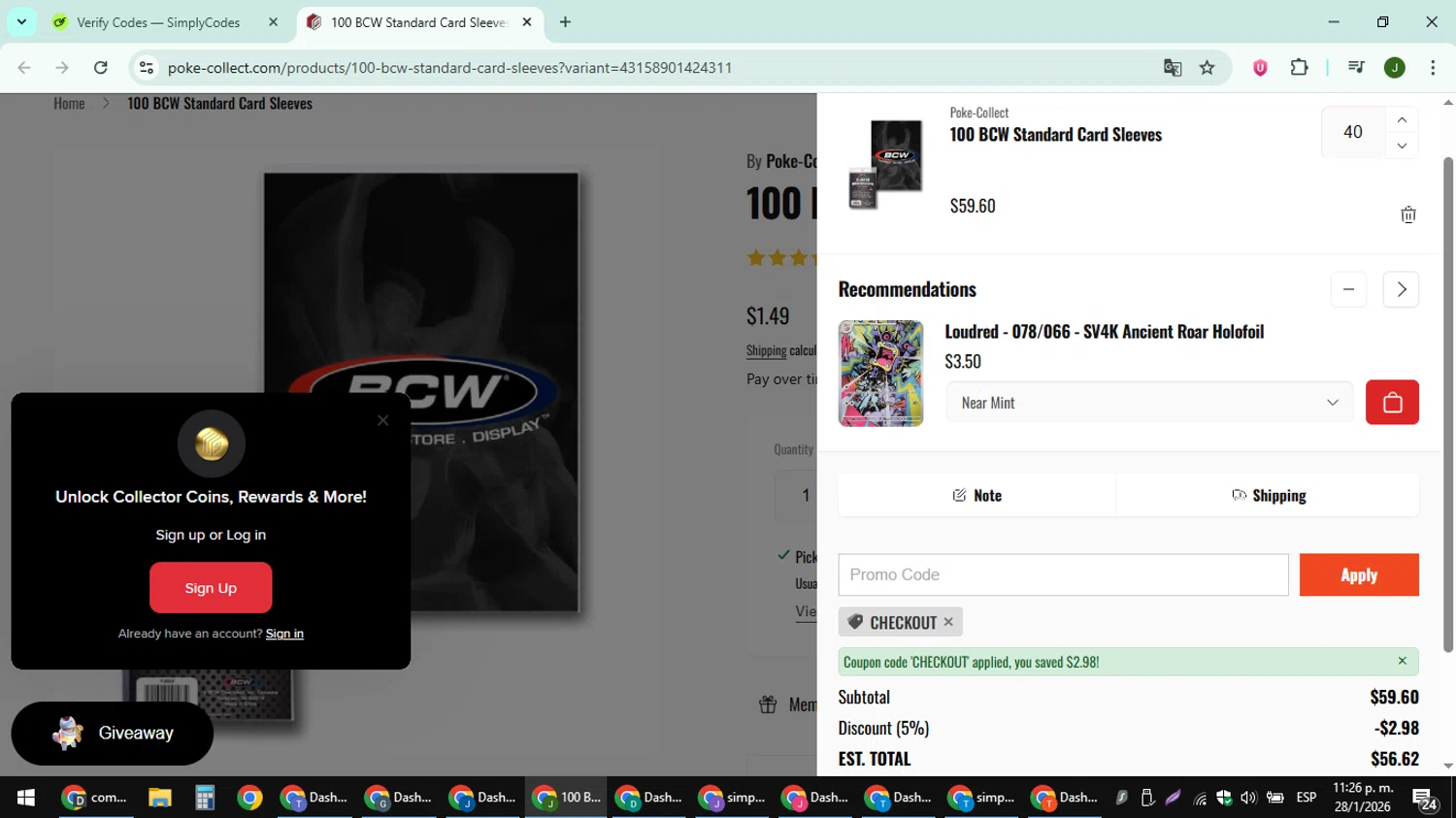 Poke Collect promo code screenshot showing code CHECKOUT applied at Poke Collect checkout page. Uploaded by SimplyCodes community member ShieldFinder369 on Jan 29, 2026