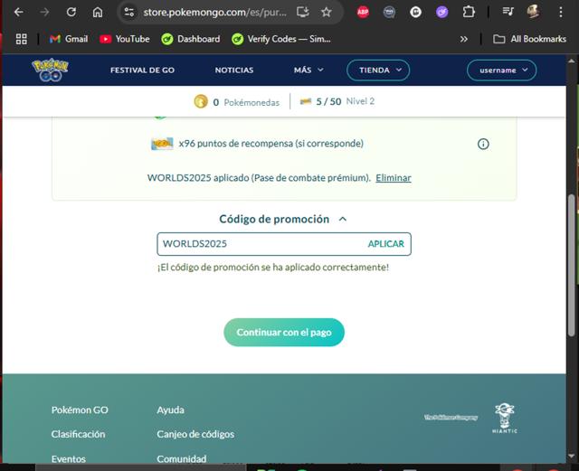 Pokemon GO checkout page showing Pokemon GO promo code box | Screenshot taken by SimplyCodes community member on Aug 16, 2025