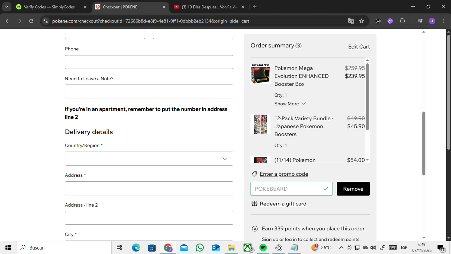 Pokene promo code screenshot showing code pokebeard applied at Pokene checkout page. Uploaded by SimplyCodes community member ENCARAMESSI on Nov 7, 2025