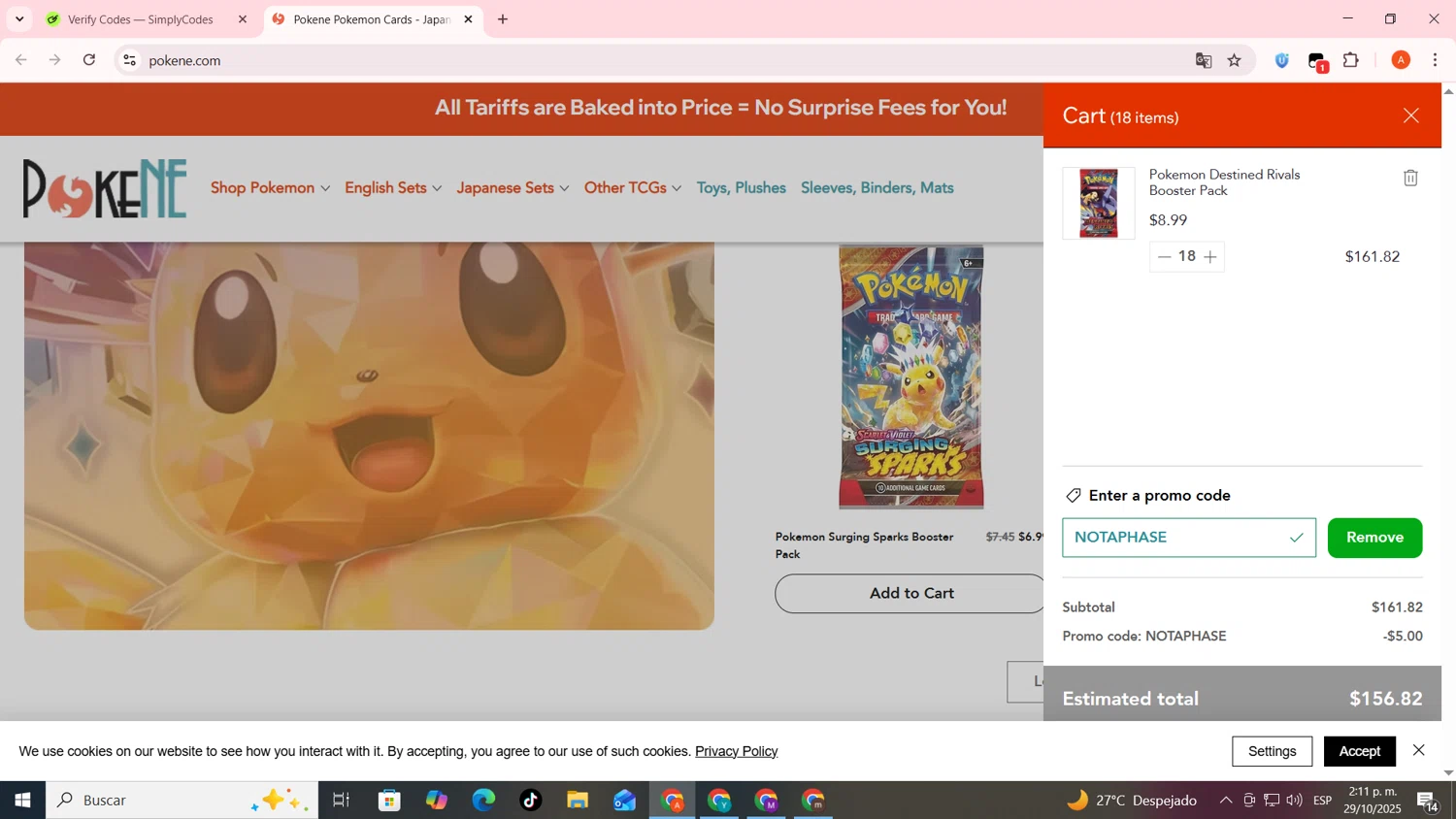 Pokene promo code screenshot showing code NOTAPHASE applied at Pokene checkout page. Uploaded by SimplyCodes community member FrugalSentinel6206 on Oct 29, 2025