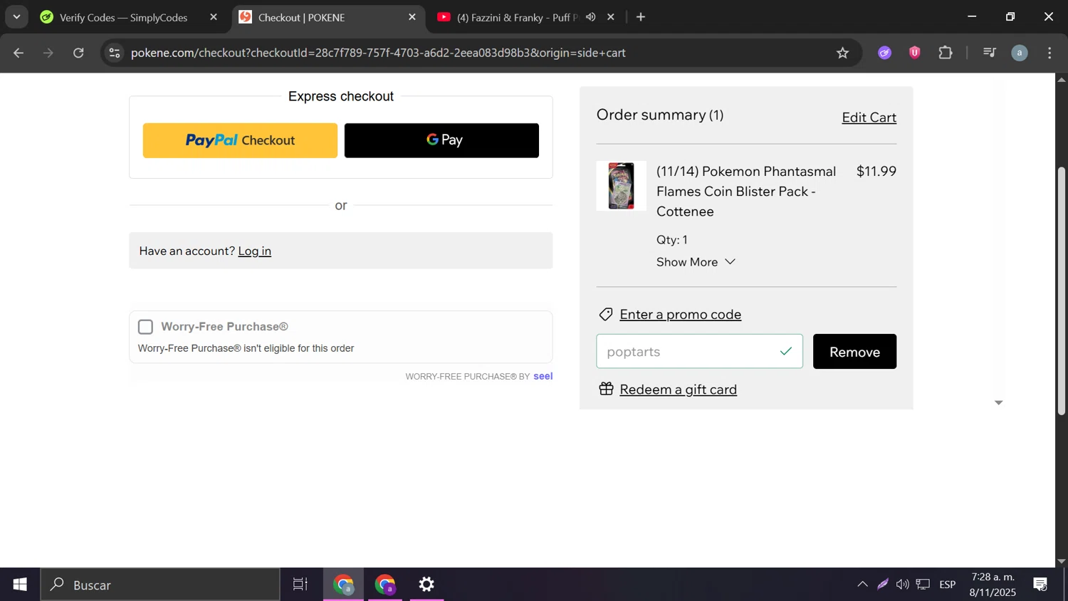 Pokene promo code screenshot showing code POPTARTS applied at Pokene checkout page. Uploaded by SimplyCodes community member Frizk_1 on Nov 8, 2025